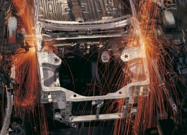 front end of an automobile being welded together